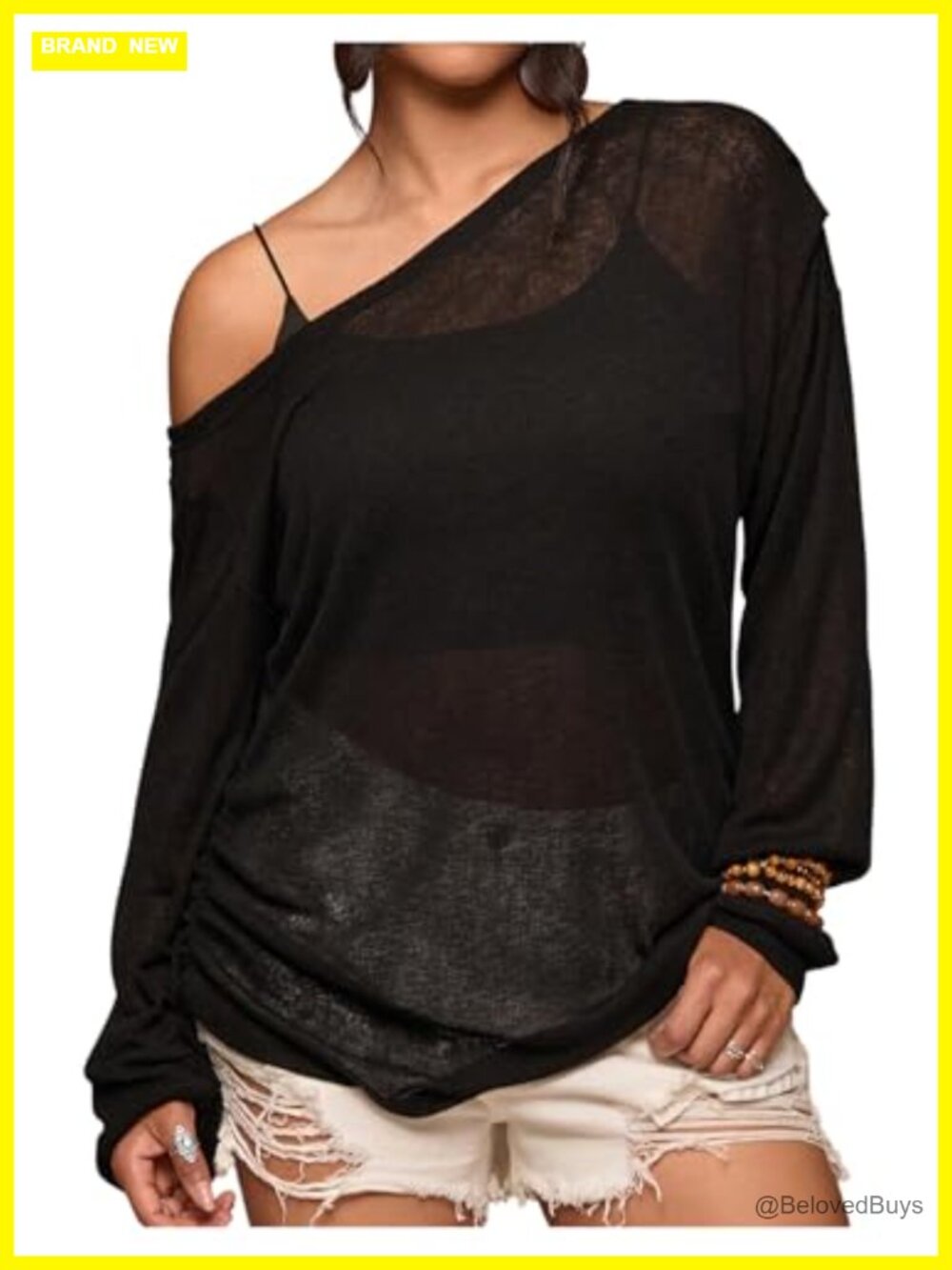 Plus Size Sheer Mesh Off Shoulder Asymmetric Neck Loose Fit Pullover Top